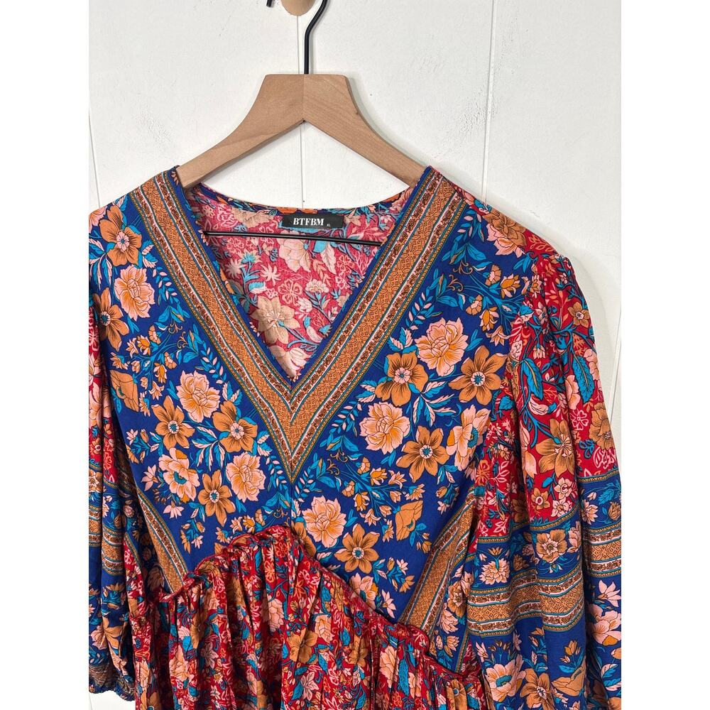 BTFBM Boho Floral Babydoll Dress XL Casual Flowy Summer Spring Vacation Red - Picture 4 of 9